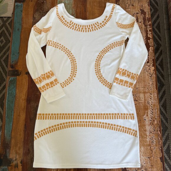 White and Gold Egyptian Print Long Sleeve Mini Dress Size XL - Picture 3 of 5
